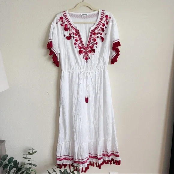 Club Monaco White Red Embroidered Tassel Dress MIDI - Picture 2 of 8